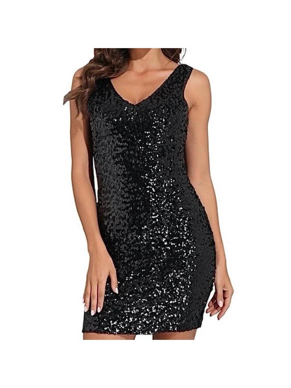 Amber Blue Large Black Sequin Sleeveless VNeck Bodycon Cocktail Party Mini Dress